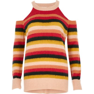 Pink stripe knit cold shoulder jumper